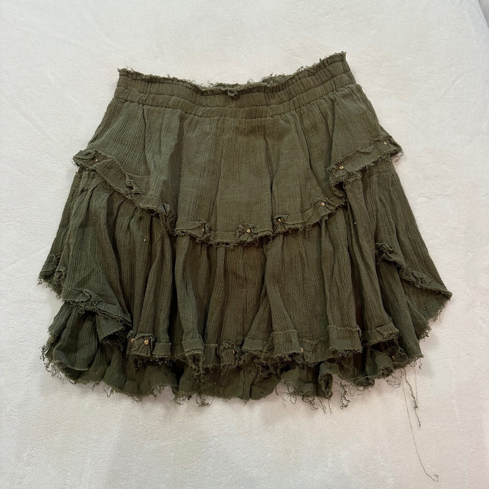 LOVESHACKFANCY Ruffle Tiered Mini Skirt Hunter Green with Gold Grommet